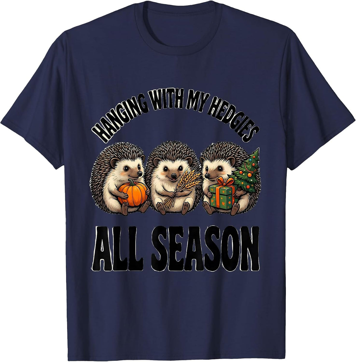 Men's Hanging With My Hedgies All Season Whimsical Tri-Holiday T-Shirt - Navy Blue