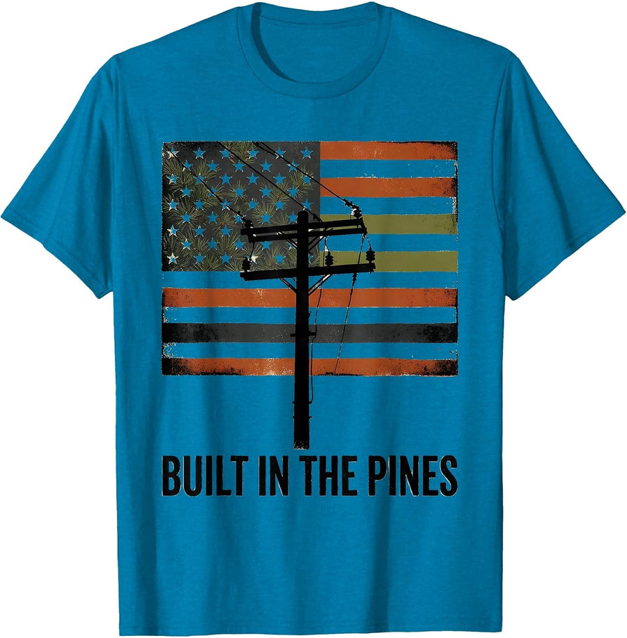 BUILT IN THE PINES Distressed US Flag Lineman Silhouette T-Shirt - Sapphire Blue