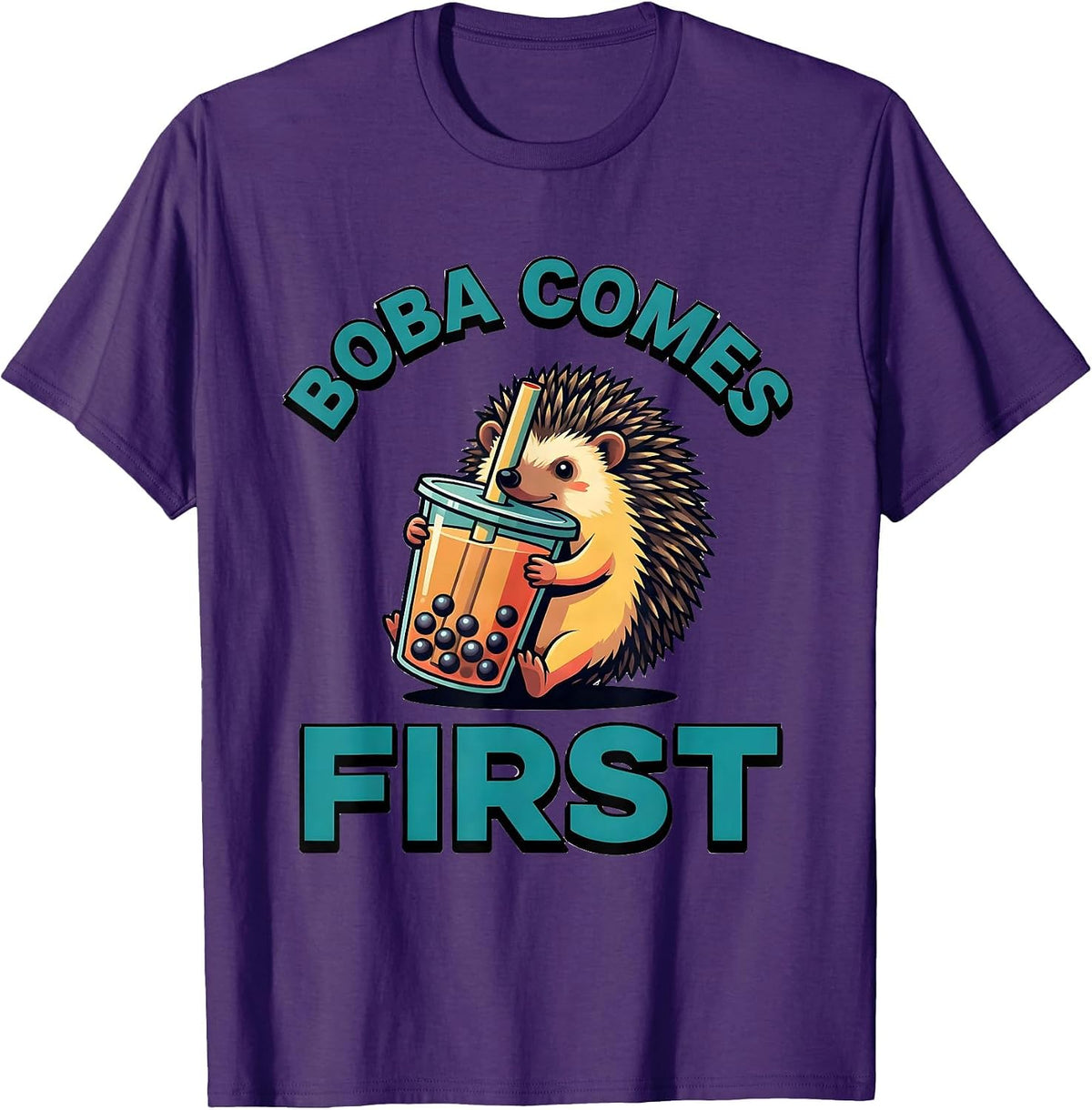 Boba Comes First Cute Kawaii Hedgehog Boba Tea Anime Humor T-Shirt - Purple