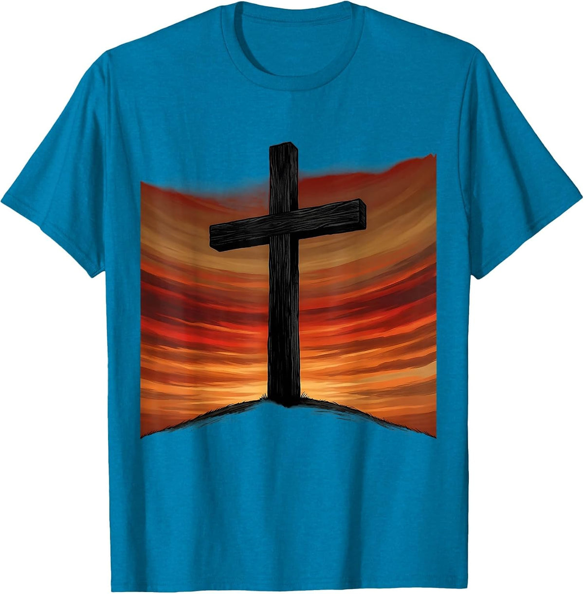 Cross Silhouette Blood Red Sunset Sky Jesus T-Shirt - Sapphire Blue