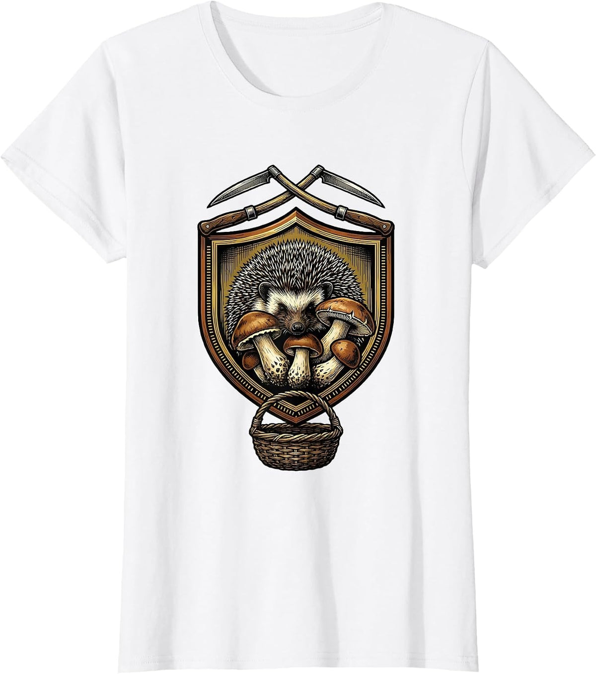 Women's Hedgehog Mushroom Emblem Forager Gift Foraging Hobbyist T-Shirt - White