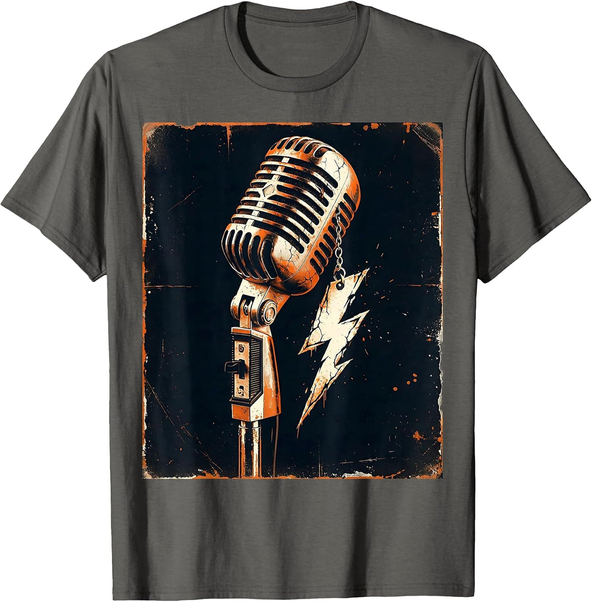 Lightning Bolt Earring Microphone Stand Band Tee T-Shirt - Asphalt Grey
