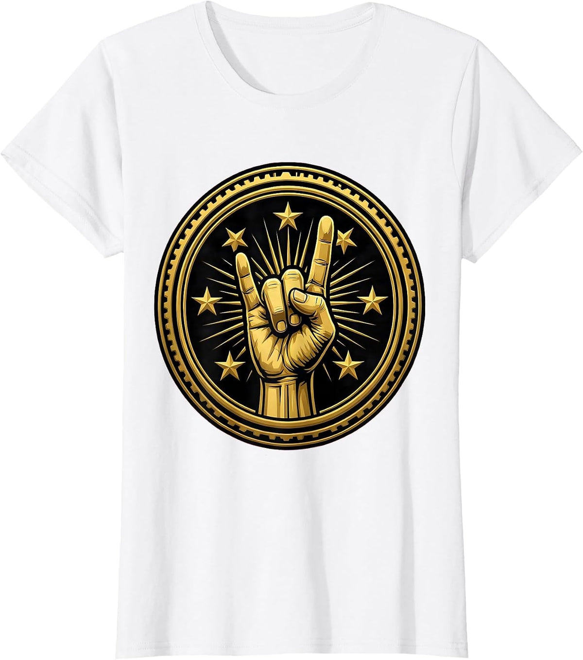 Women's Rock Devil Horns Hand Sign With Stars Graphic T-Shirt - White