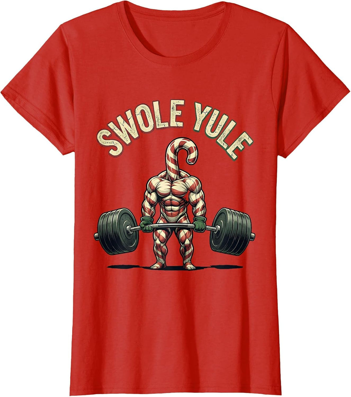 Women's Swole Yule Distressed Funny Christmas Gym Weightlifting T-Shirt - Red