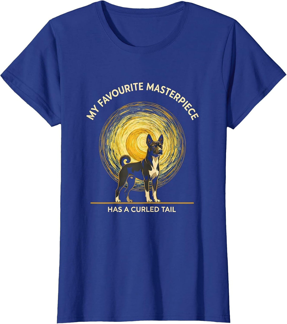 Women's My Favourite Masterpiece Has A Curled Tail Basenji Portrait T-Shirt - Royal Blue