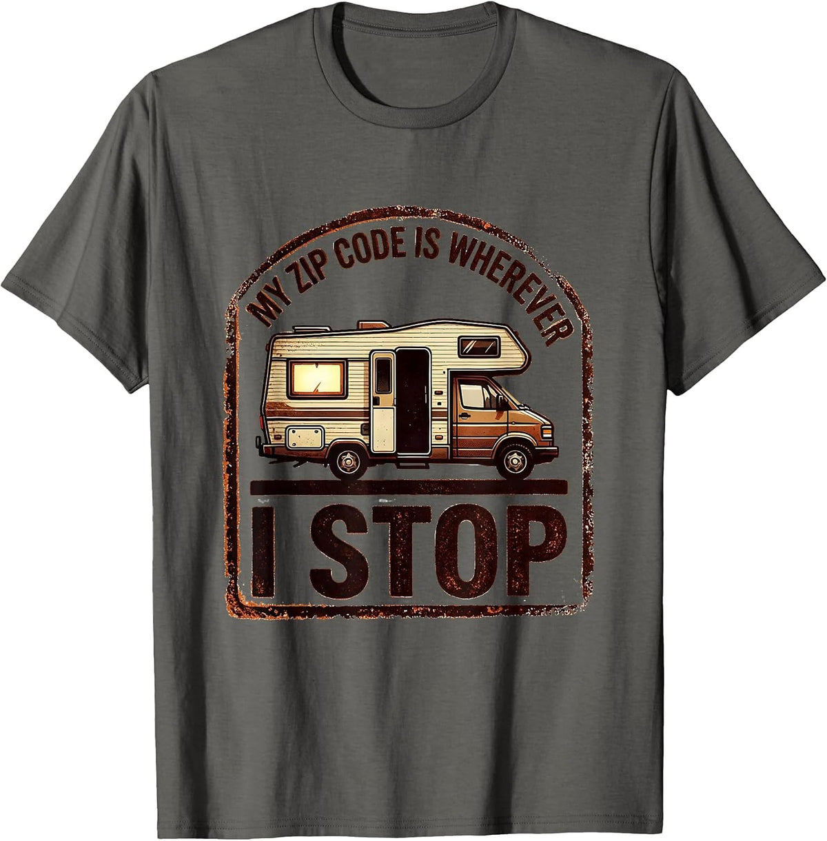 My Zip Code Is Wherever I Stop Retro Van Life Road Trip T-Shirt - Asphalt Grey
