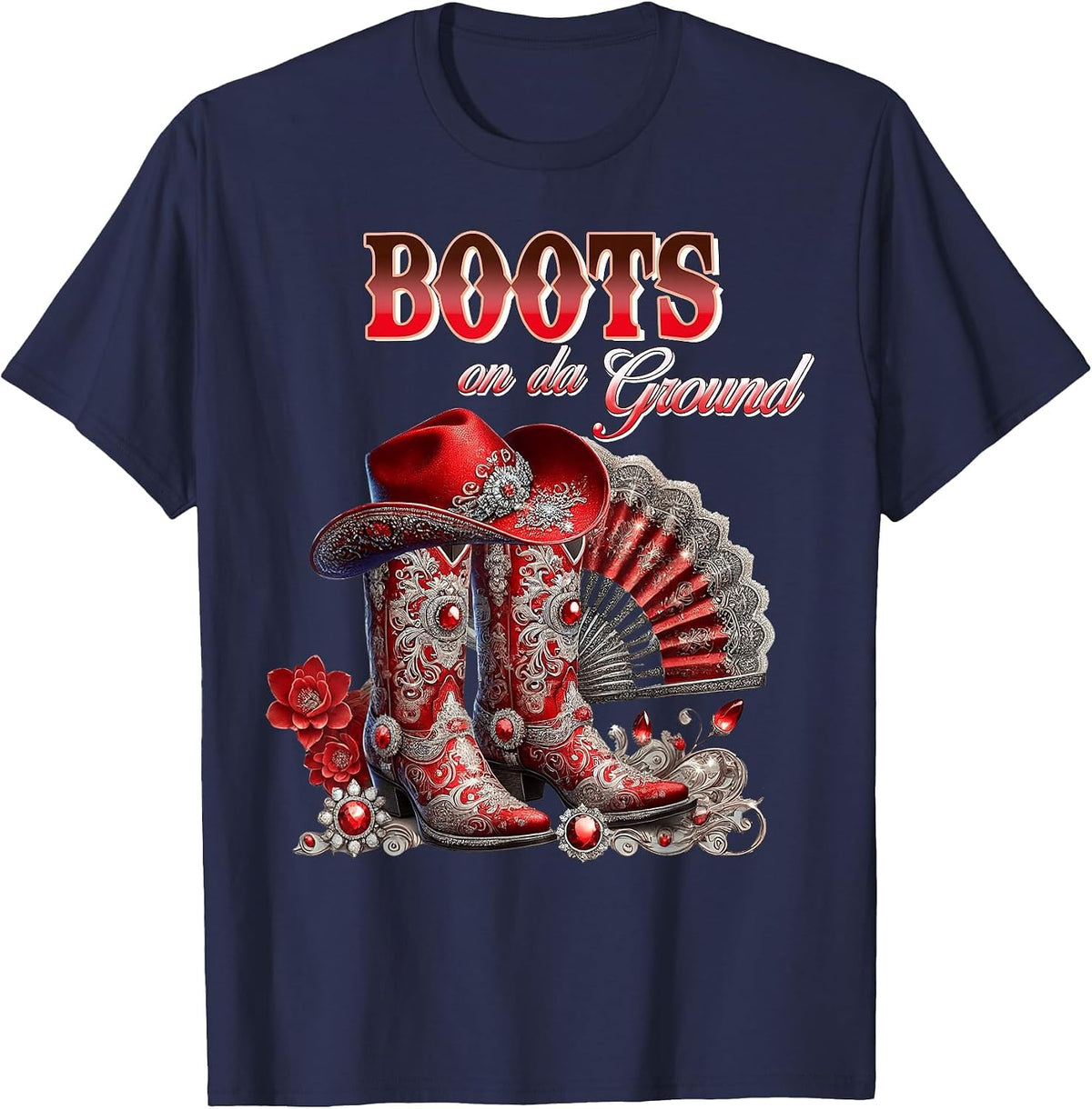 Boots On The Ground Boot Cowboy Western Cowgirl Linedance T-Shirt - Navy Blue
