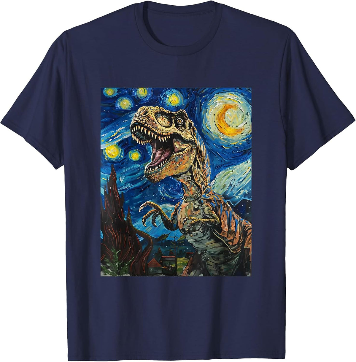 Trex Dinosaur Dino Van Gogh Style Starry Night Graphic T-Shirt - Navy Blue