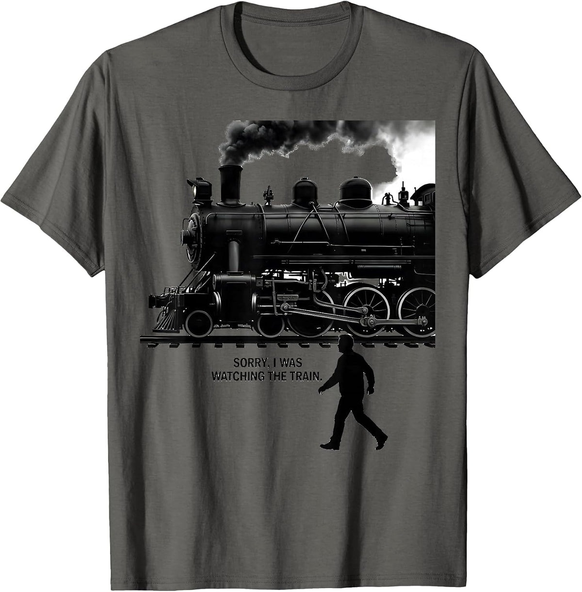 Sorry I Was Watching The Train Retro Steam Locomotive Train T-Shirt - Asphalt Grey