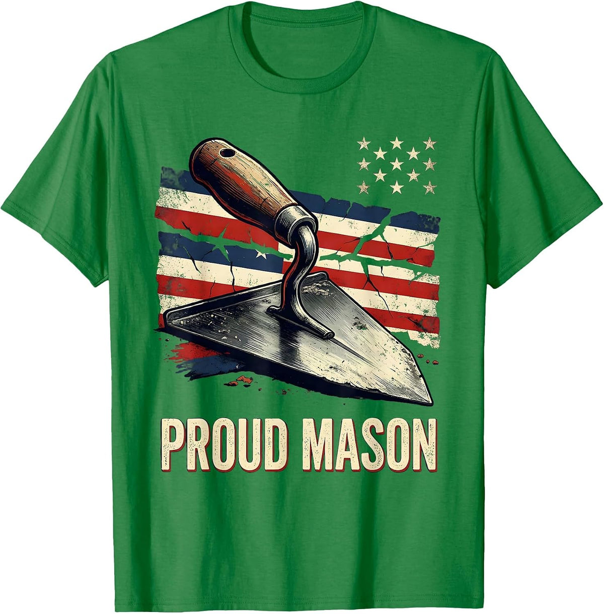 Men's Proud Mason Distressed American Flag Bricklayer T-Shirt - Kelly Green