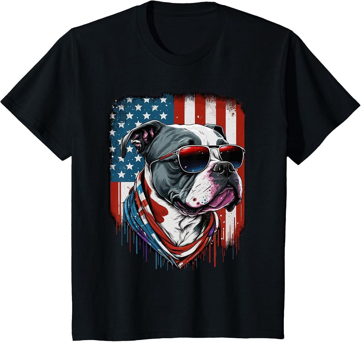 Pitbull Dog American Flag Sunglasses - Red/White/Blue T-Shirt - Black