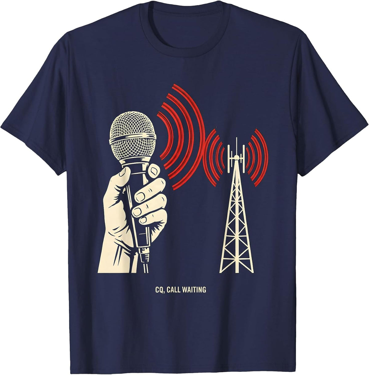 Men's CQ Call Waiting Stencil Graphic Ham Radio Operator Humor T-Shirt - Navy Blue