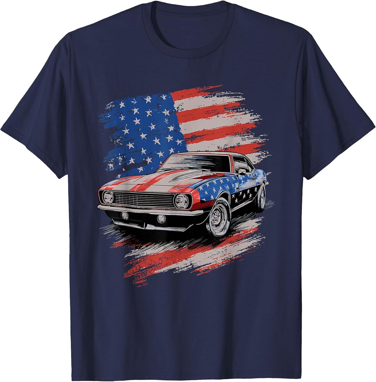 Classic Muscle Car American Flag T-Shirt - Navy Blue