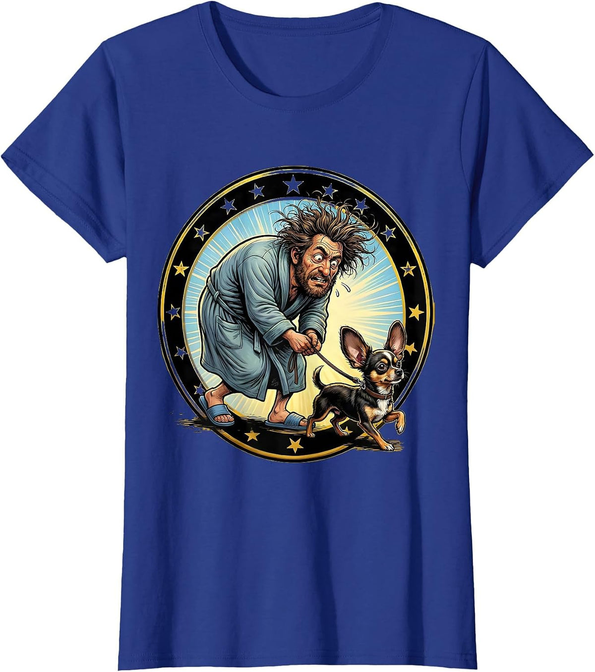 Women's Crazy Dog Chihuahua Morning Walk Bathrobe T-Shirt - Royal Blue