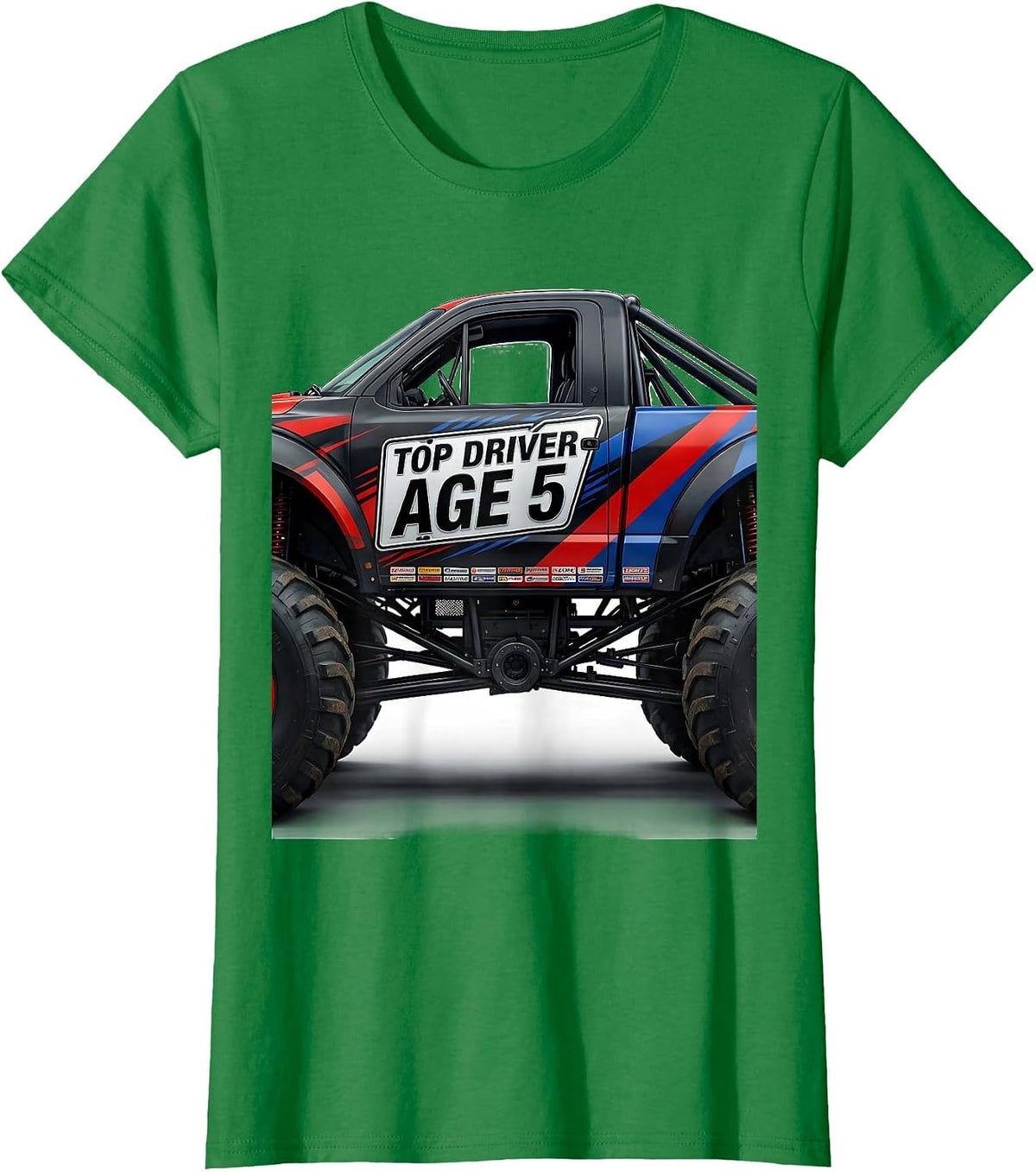 TOP DRIVER AGE 5 Monster Truck Birthday Boy Party Keepsake T-Shirt - Kelly Green