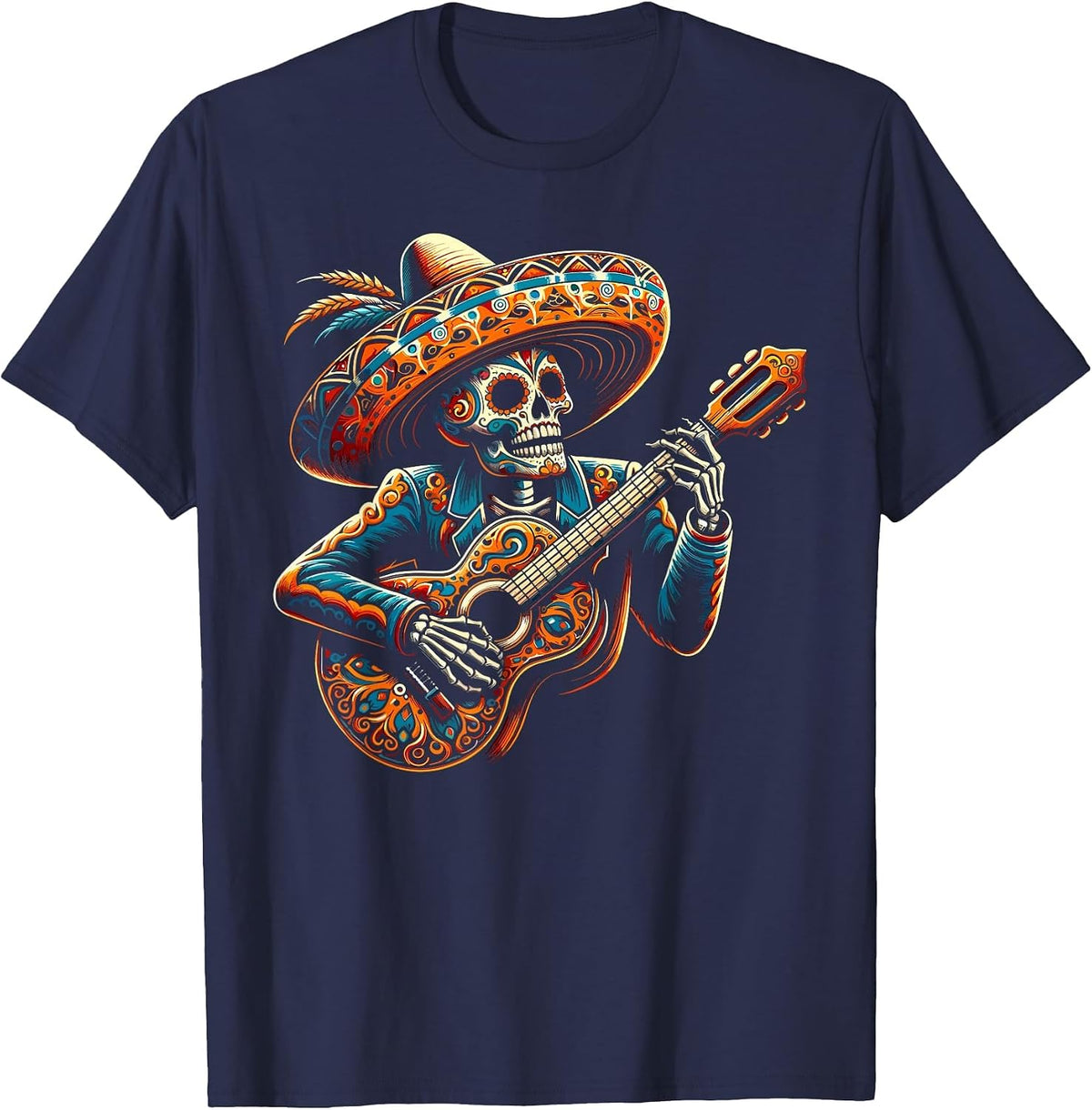 Funny Cinco De Mayo Skeleton Skull Fiesta Sombreros Guitar T-Shirt - Navy Blue