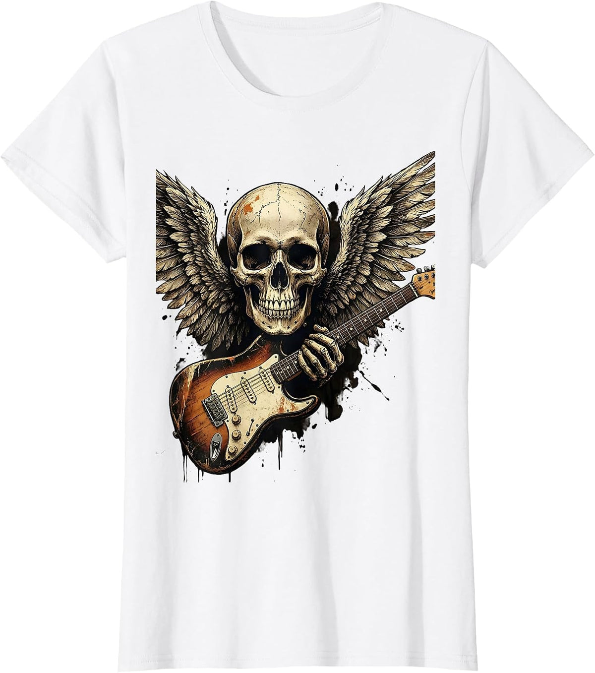 Winged Skull Flying V Guitar Rock and Roll Graphic T-Shirt - White