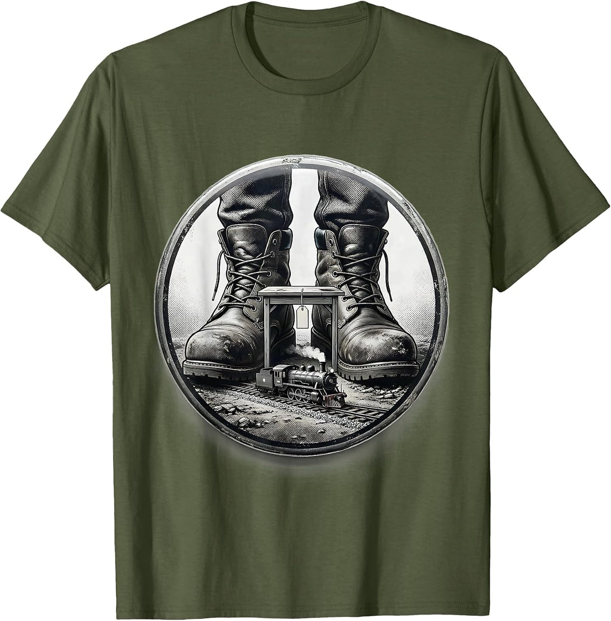 Men's Sealed Boot Train Hobbyist Model Railroad Locomotive Humor T-Shirt - Olive Green