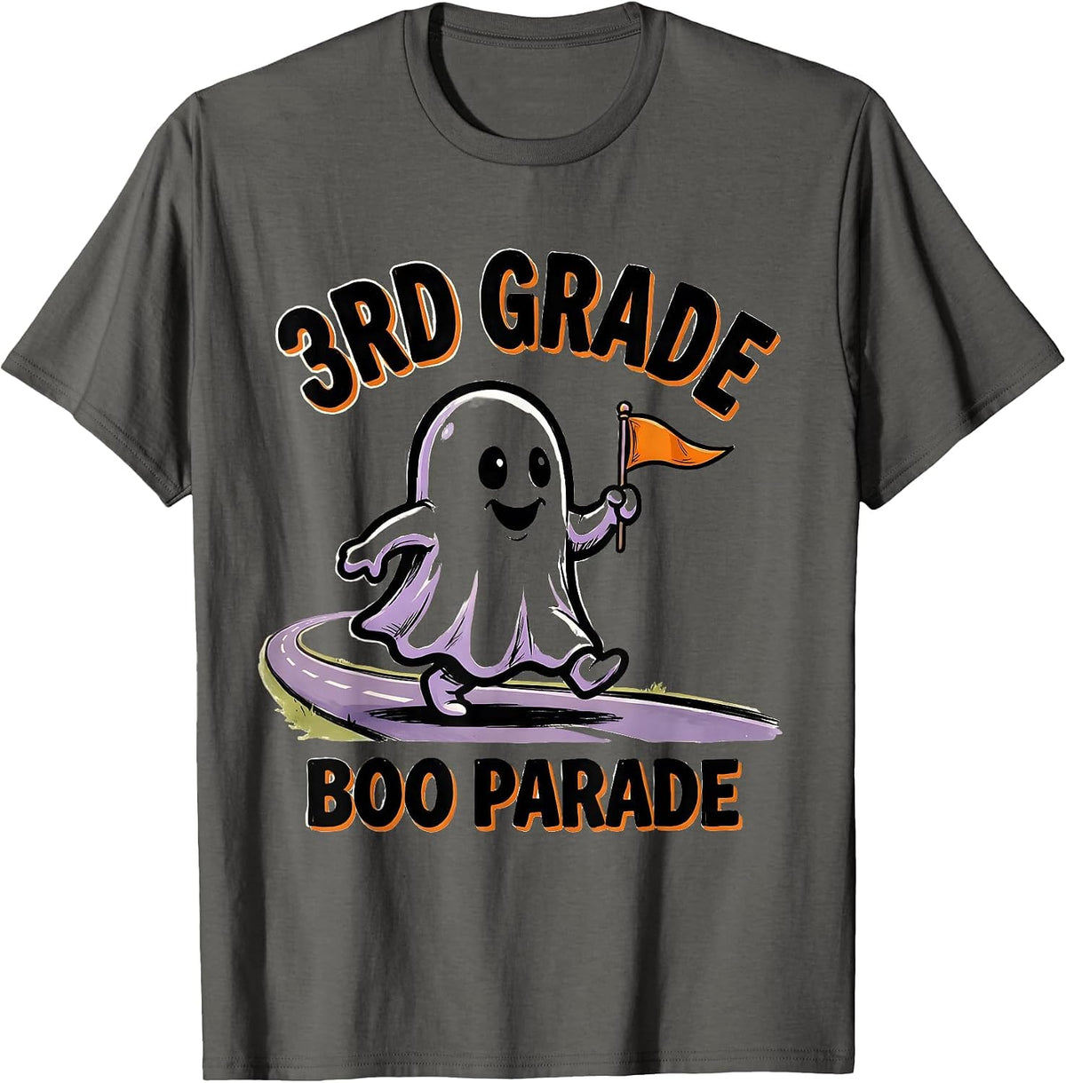 Men's 3rd Grade Boo Parade Cartoon Ghost Halloween Teacher Humor T-Shirt - Asphalt Grey