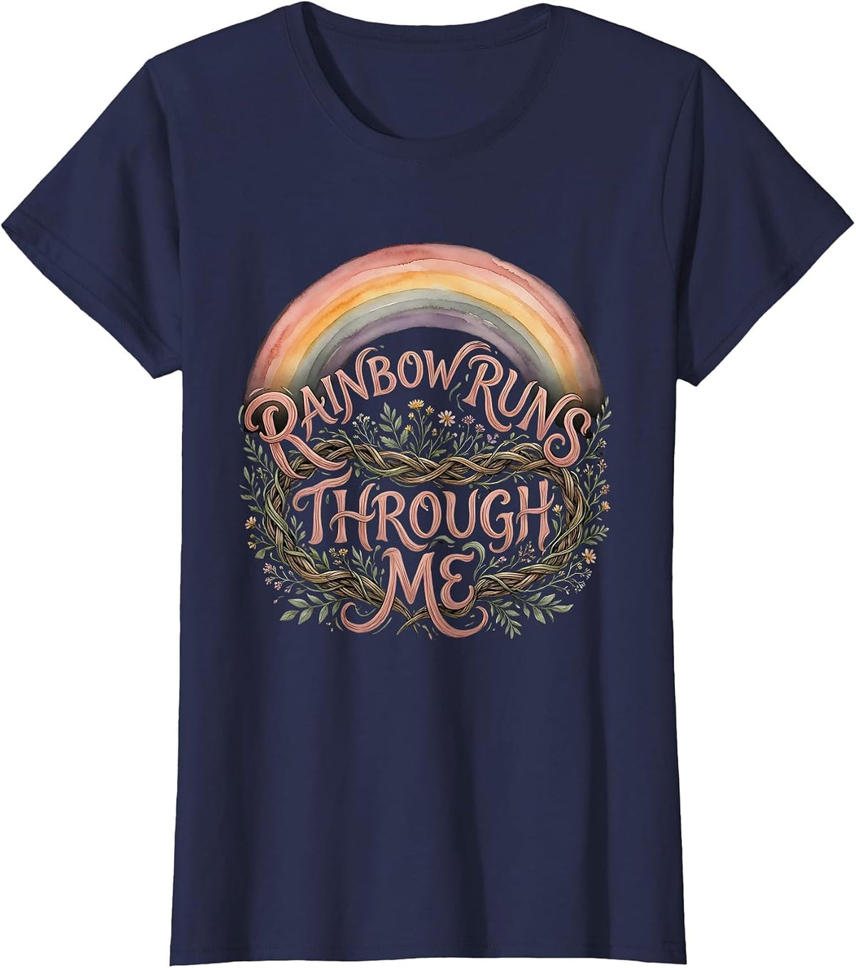 Women's Rainbow Runs Through Me Pride Design T-Shirt - Navy Blue