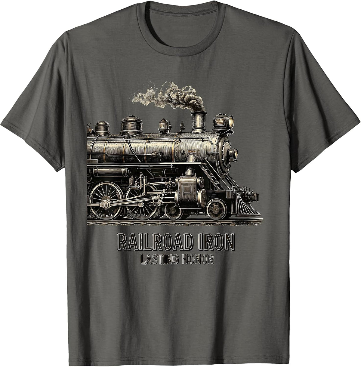 Men's Railroad Iron Lasting Honor Steam Locomotive Railroad T-Shirt - Asphalt Grey