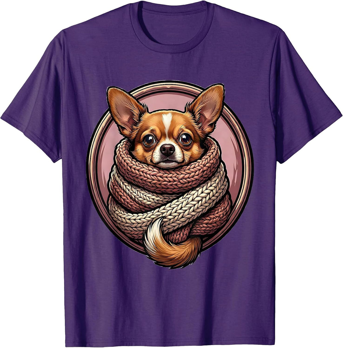 Men's Cozy Chihuahua Bundled in Oversized Knit Scarf T-Shirt - Purple