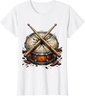 Women's 80s Rock Crossed Drumsticks Cracked Snare Drum T-Shirt - White