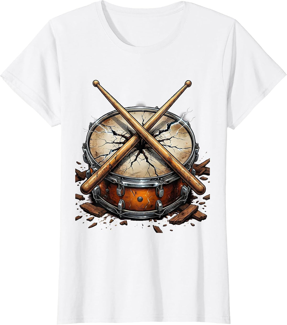 Women's 80s Rock Crossed Drumsticks Cracked Snare Drum T-Shirt - White