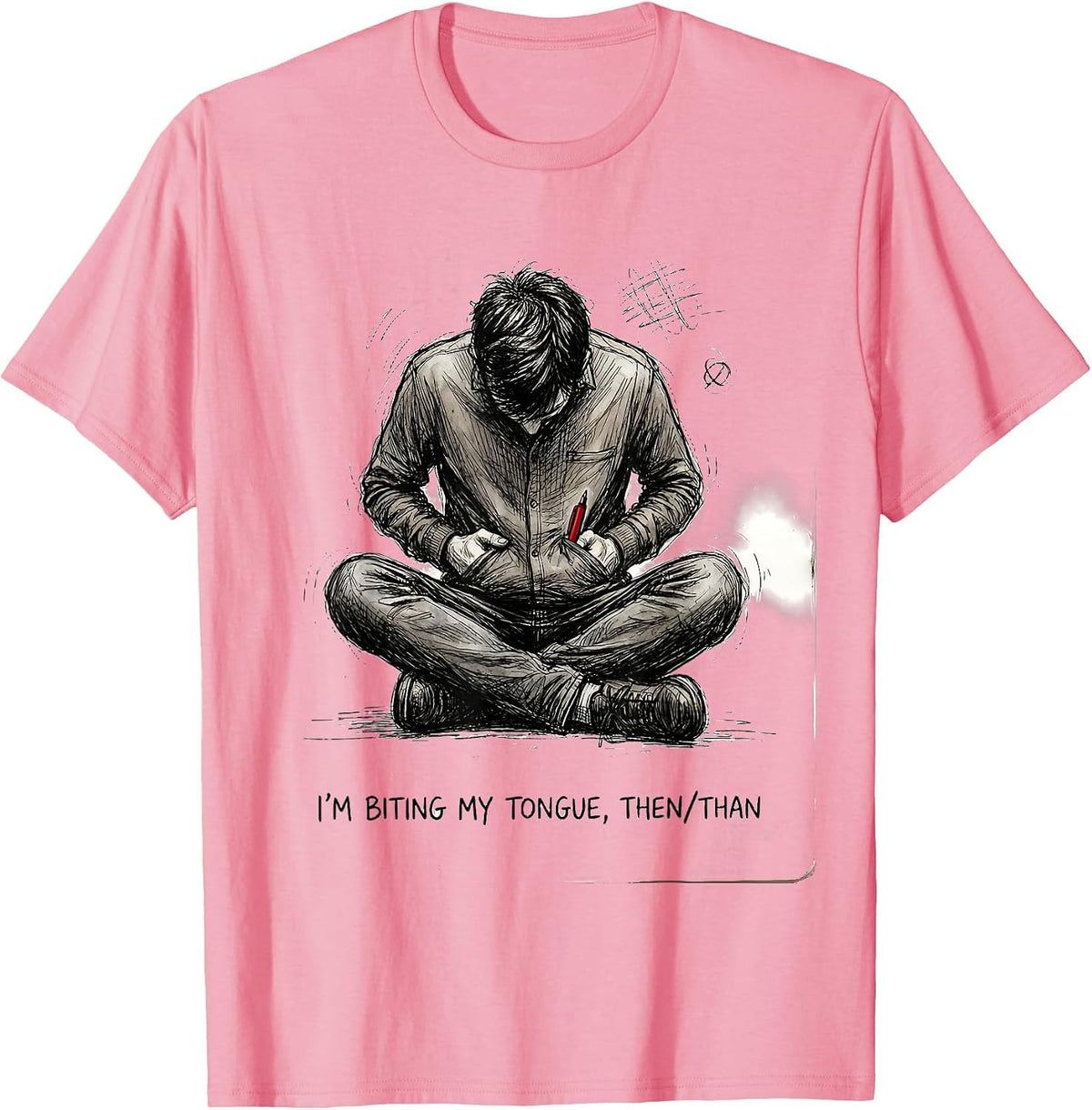 Men's I'm Biting My Tongue, Then/Than Funny Grammar Teacher Humor T-Shirt - Pink