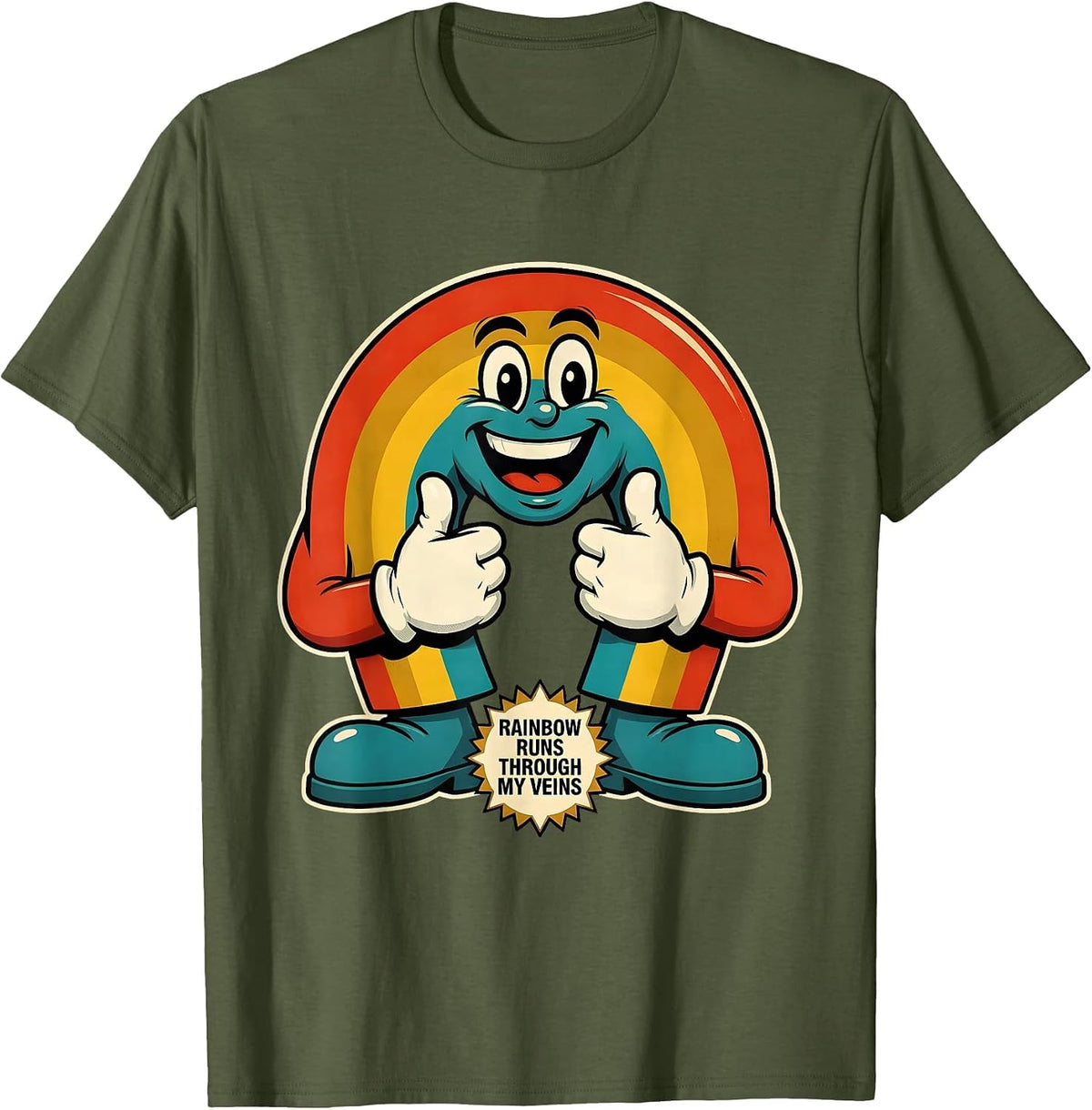 Men's Rainbow Runs Through My Veins Pride Design T-Shirt - Olive Green