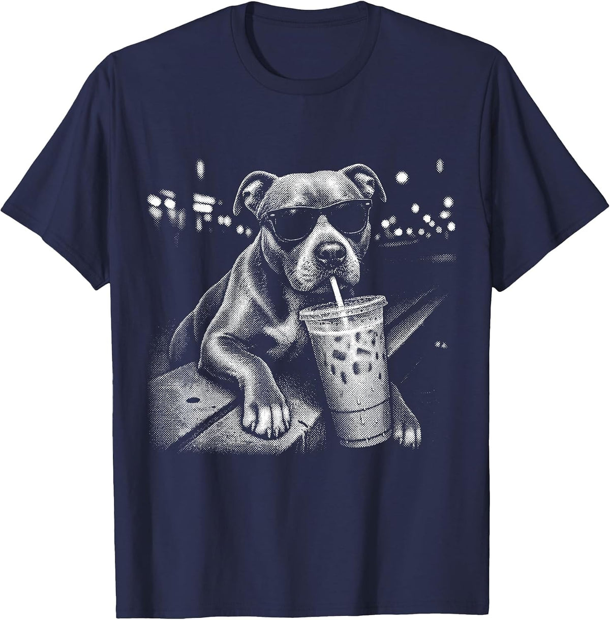 Funny Pitbull Drinking Iced Coffee Animal Meme Graphic T-Shirt - Navy Blue