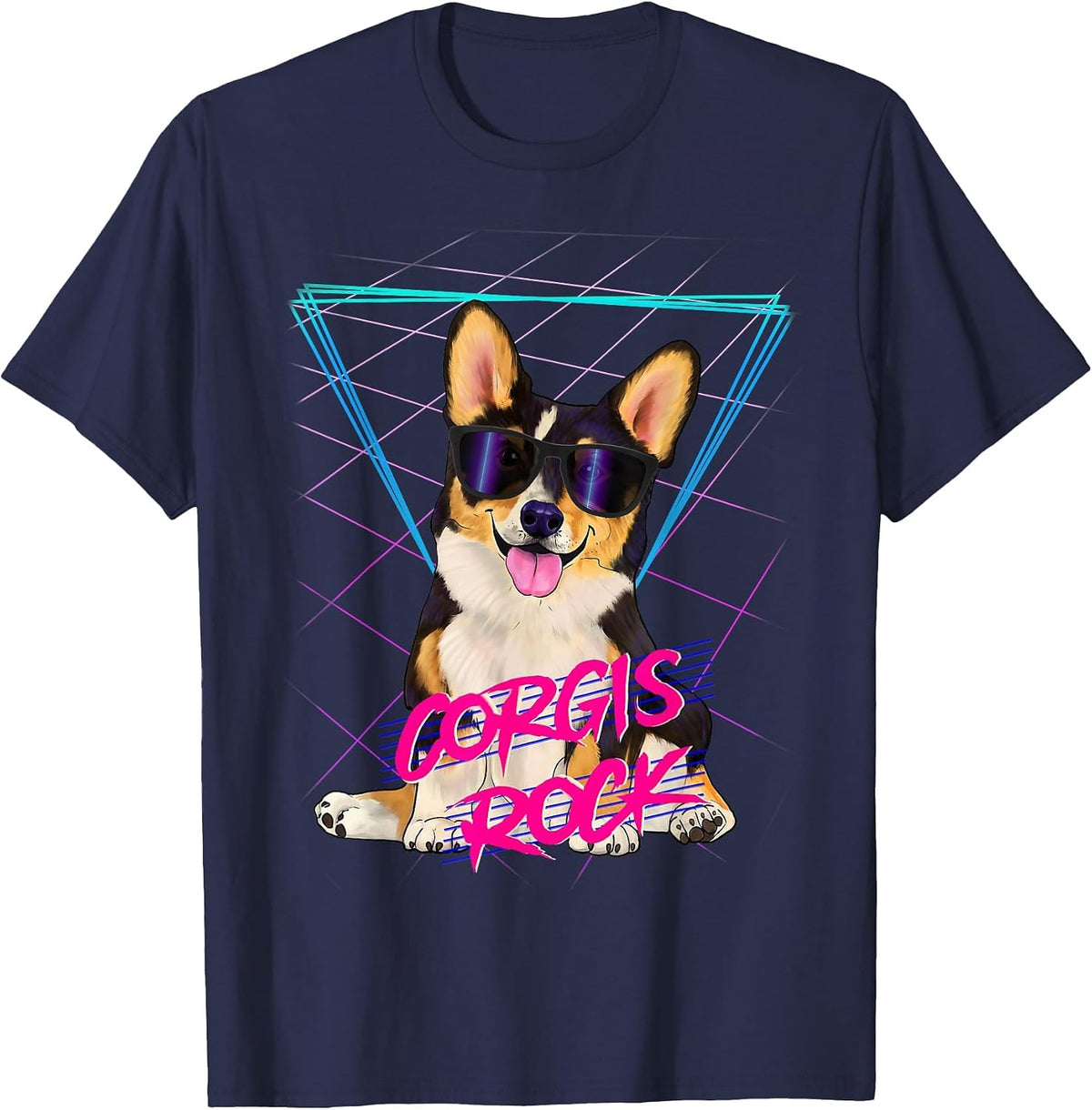 Corgis Rock - Retro 80s Corgi Dog in Sunglasses T-Shirt - Navy Blue