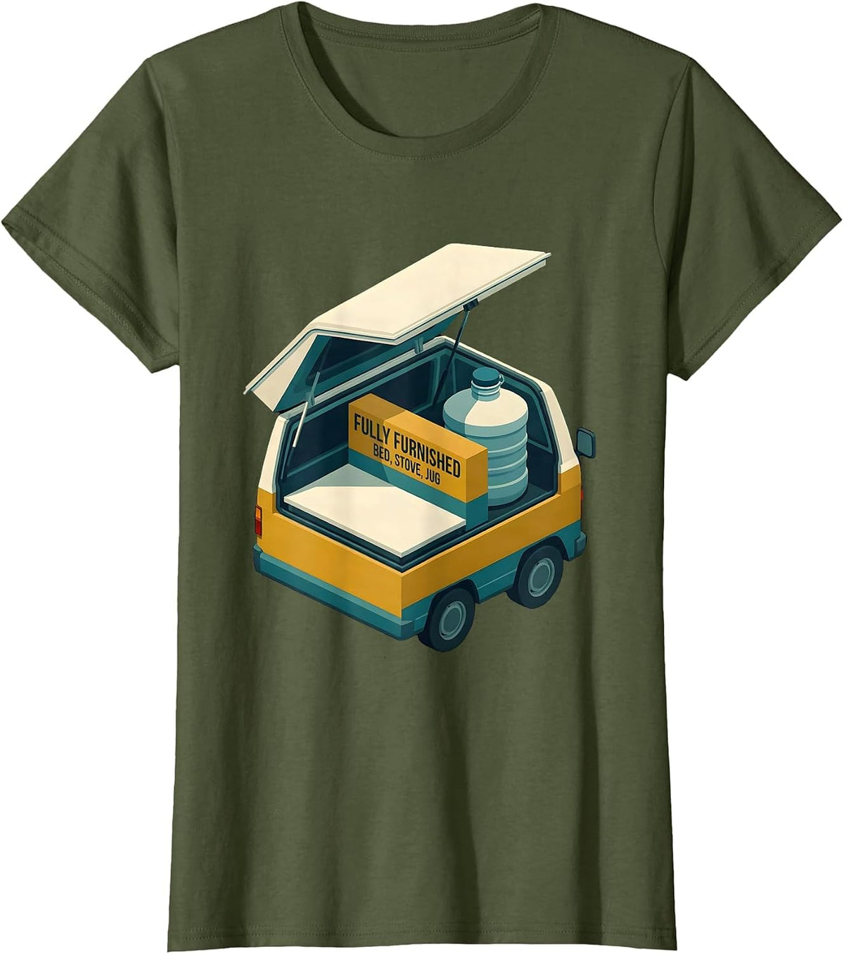 Women's Fully Furnished: Bed, Stove, Jug Retro Van Life Camper Van T-Shirt - Olive Green