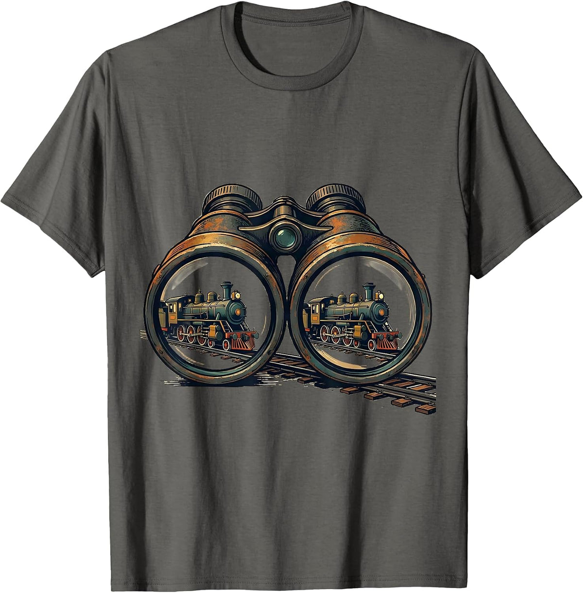 Men's Oversized Binoculars Steam Locomotive Train Enthusiast Humor T-Shirt - Asphalt Grey
