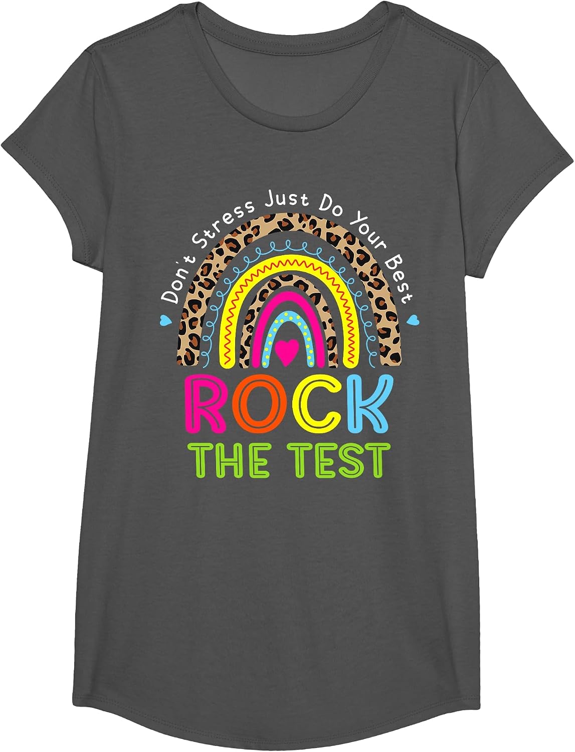 Rock The Test Test Day Teacher Testing Day Rainbow Leopard T-Shirt - Girls Asphalt Grey