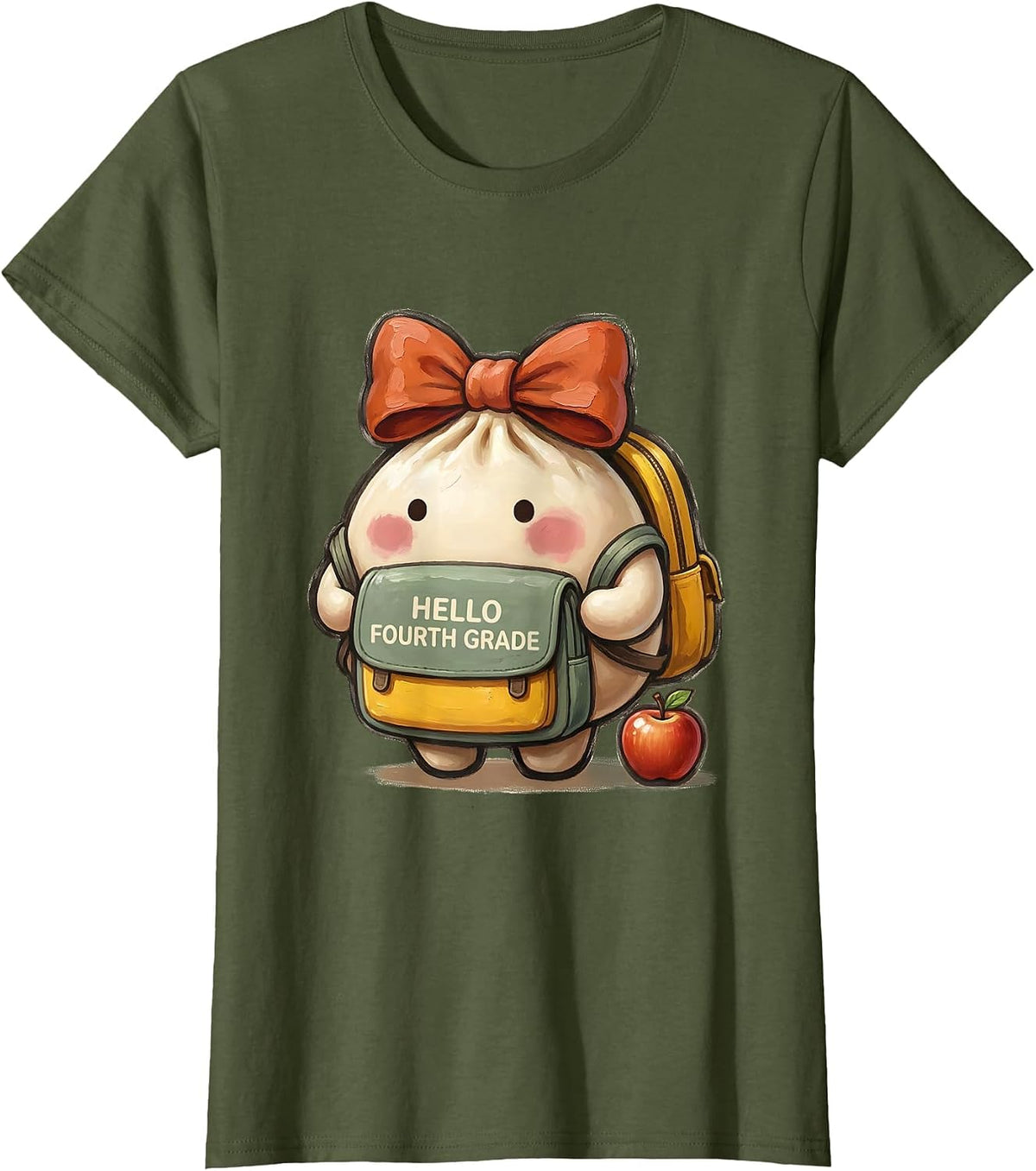 Women's Hello Fourth Grade Cute Dumpling Back to School Girl Teacher T-Shirt - Olive Green