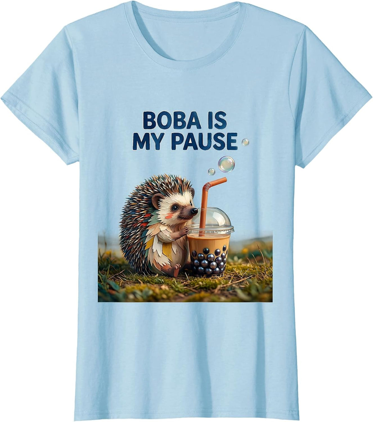 Women's Boba Is My Pause Cute Kawaii Hedgehog Anime Boba Tea Lover T-Shirt - Baby Blue