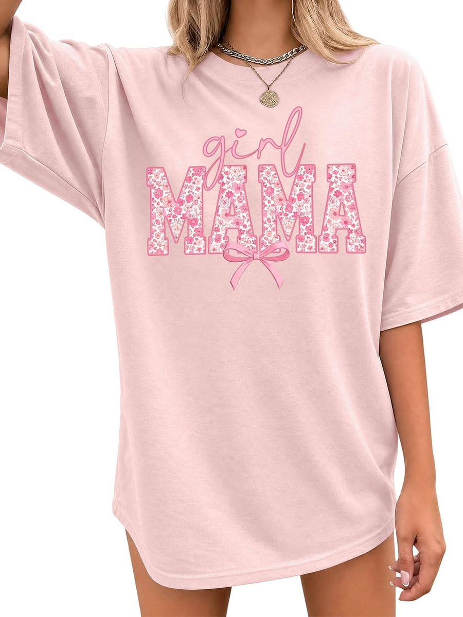 Mama Shirt for Women Oversized Floral Letter Print Graphic Tee Mom Tops - Lightpink