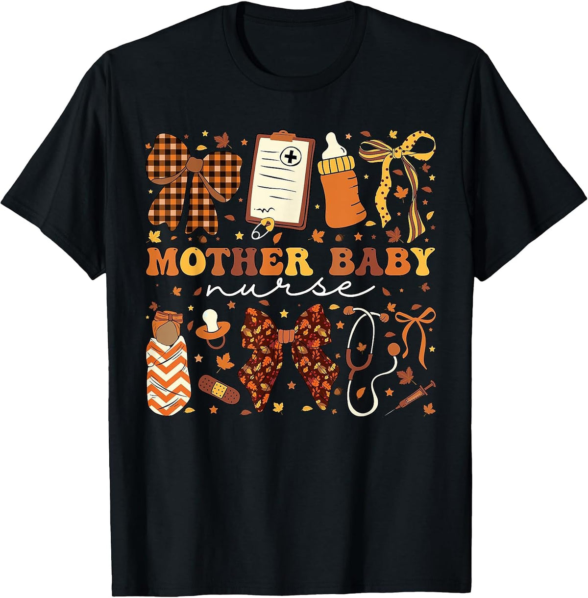 Postpartum Fall Coquette Mother Baby Nurse Thanksgiving T-Shirt - Black
