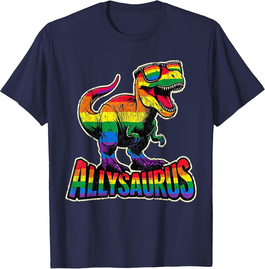 Allysaurus LGBT Dinosaur Rainbow Flag Ally LGBT Pride T-Shirt - Navy Blue