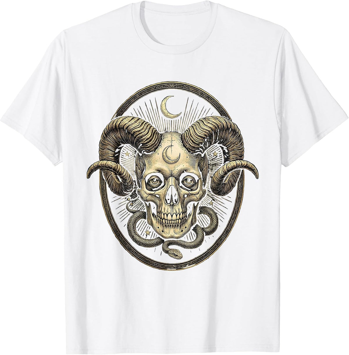 Men's Ram Horn Skull Grinning Dark Art Graphic T-Shirt - White