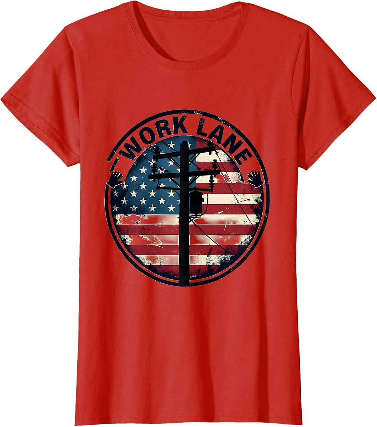 WORK LANE Distressed Lineman Pole American Flag Silhouette T-Shirt - Red