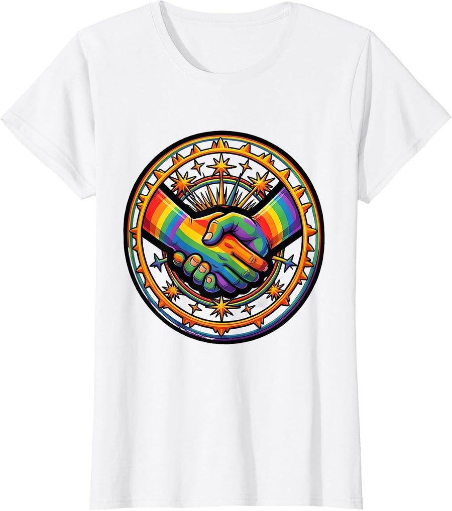 Women's Glowing Interlocked Hands Pride Unity Design T-Shirt - White