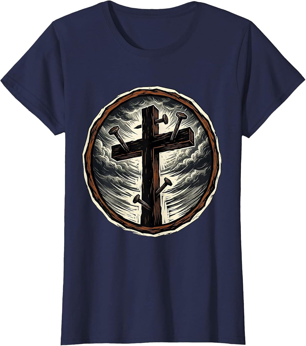 Women's Three Nails Cross Stormy Sky Graphic Design T-Shirt - Navy Blue