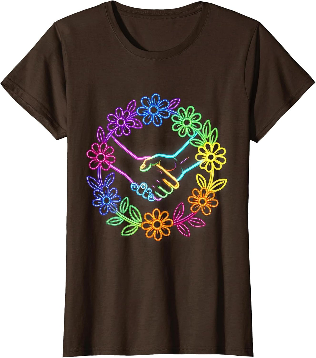Women's Pride Floral Hands Unity Graphic Design T-Shirt - Brown