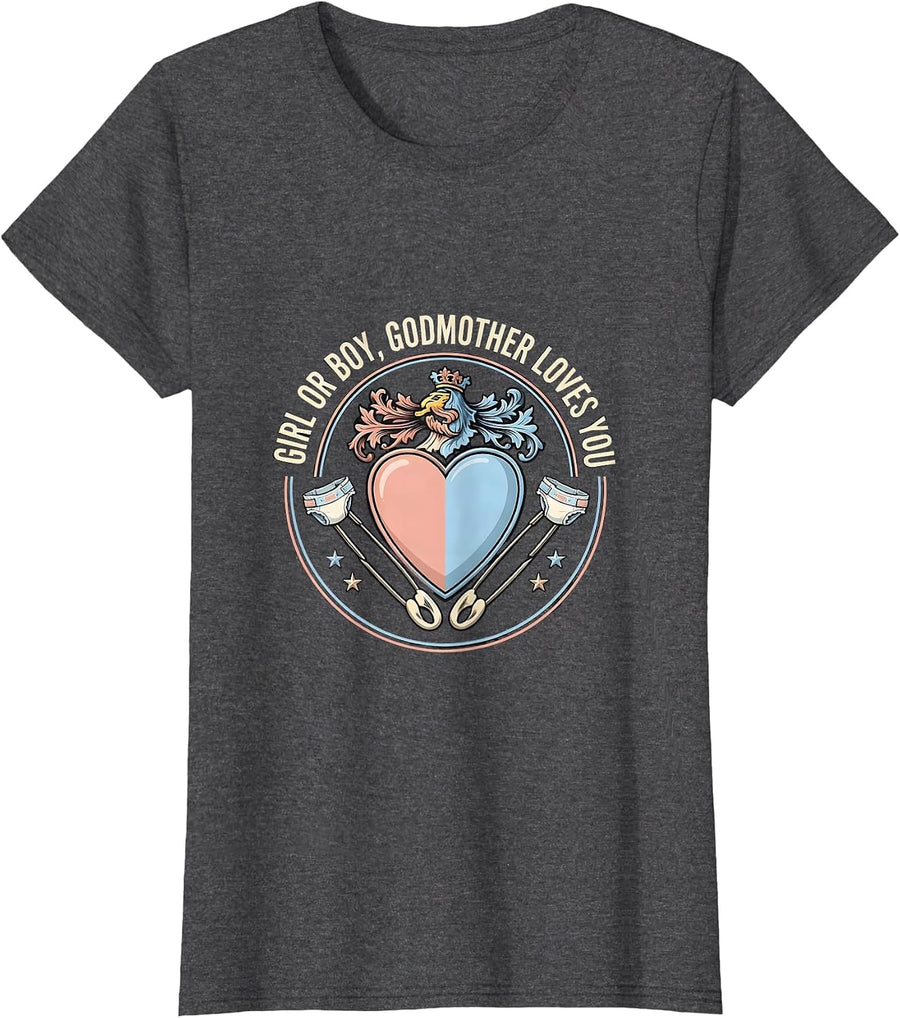 Women's Girl Or Boy, Godmother Loves You Playful Family Announcement T-Shirt - Dark Heather Grey