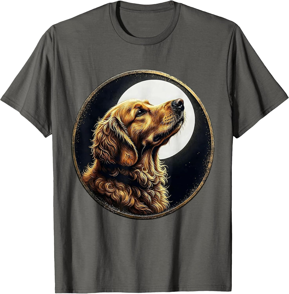 Goldendoodle Howling at the Moon Vintage Mystical Dog Art T-Shirt - Asphalt Grey