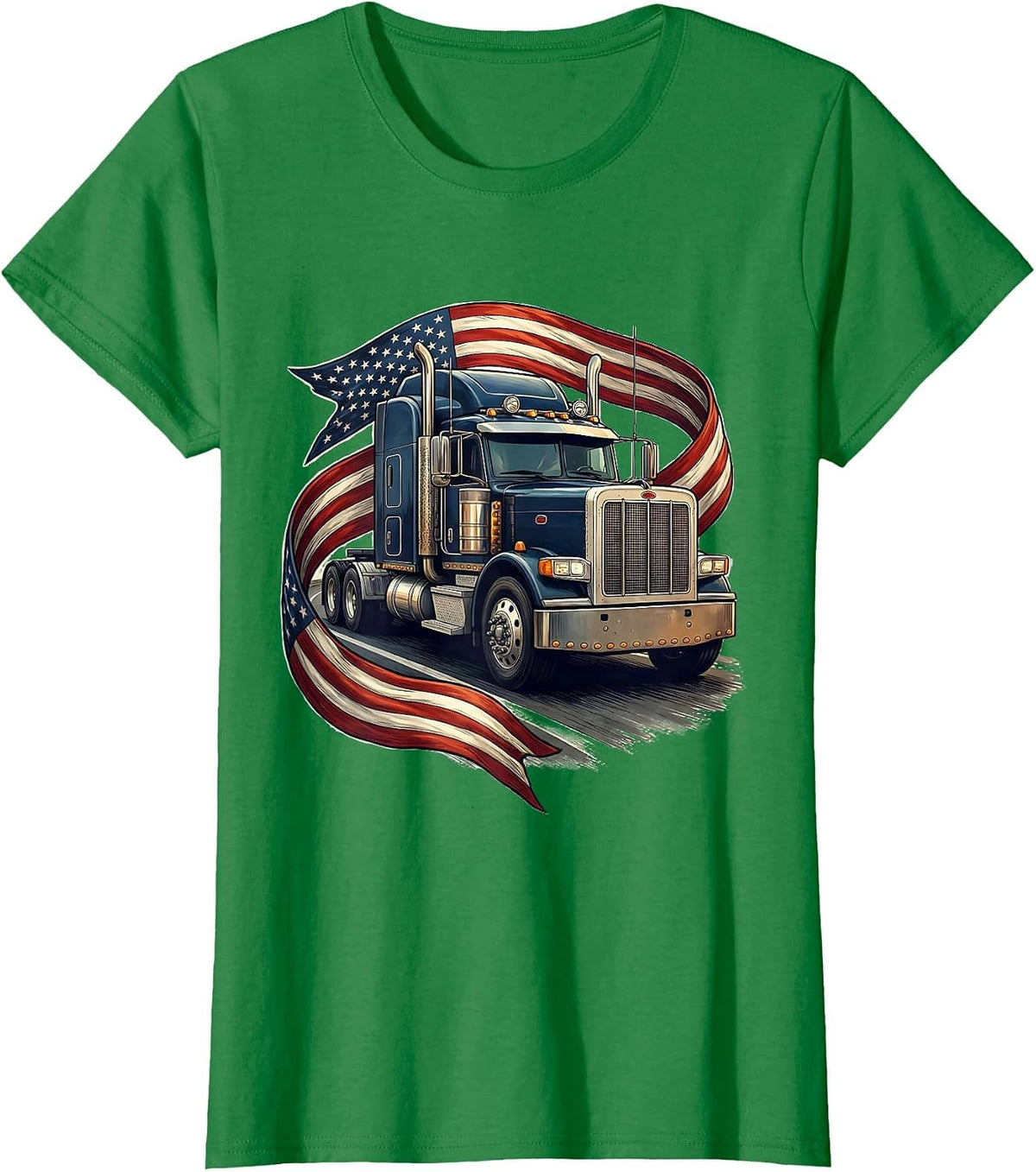 American Flag Semi Truck Driver Patriotic Trucker T-Shirt - Kelly Green