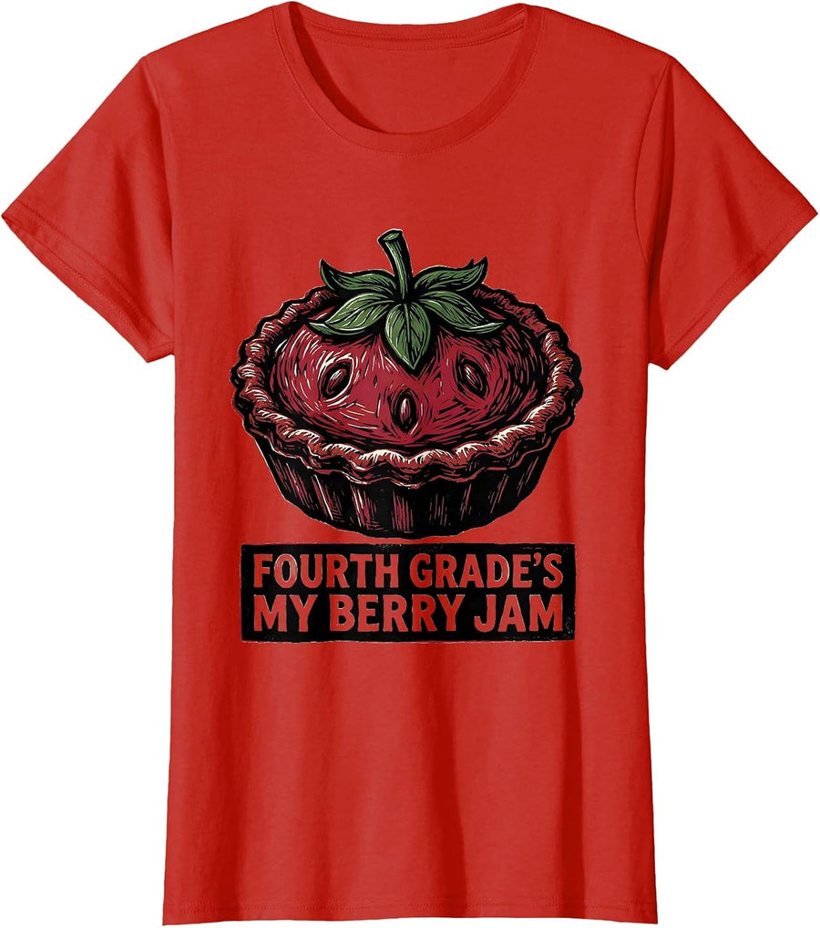Women's Fourth Grade's My Berry Jam Linocut Strawberry Teacher Back T-Shirt - Red