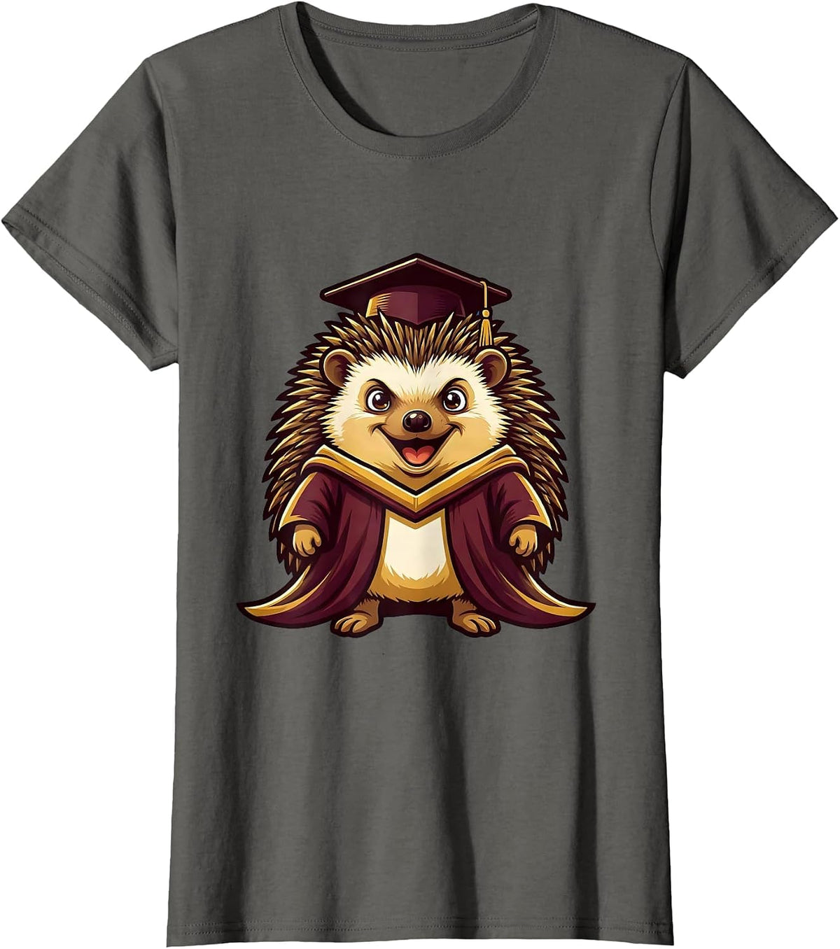 Women's Hedgehog Graduation Cap and Gown Cute College Art T-Shirt - Asphalt Grey